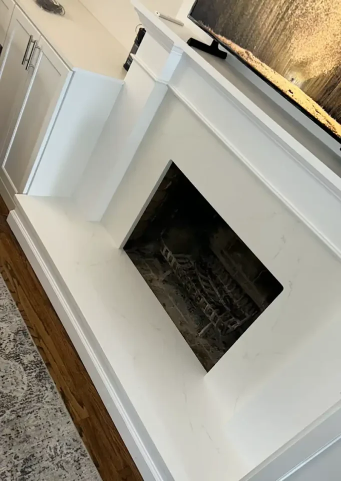 white stone fireplace