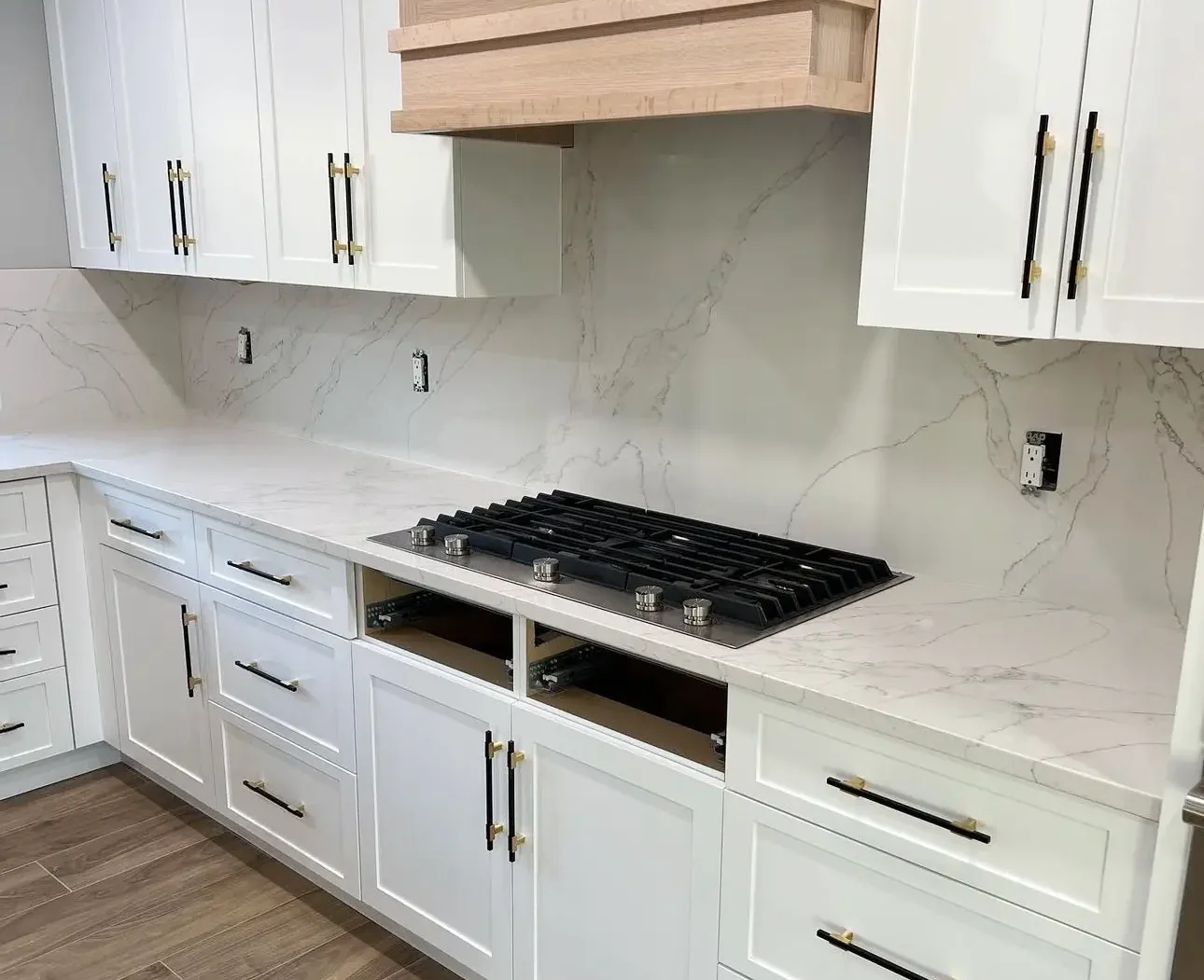 white granite counter with stovetop